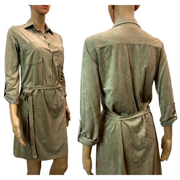 Max Studio Soft Ultra Suede Shirt Dress Tie Belt | Khaki Tan | XS - Picture 7 of 10